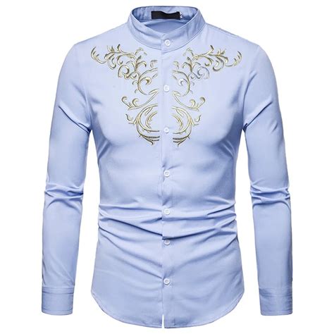 jaycosin unique men shirts luxury casual gold embroidery long sleeve shirt top blouse autumn