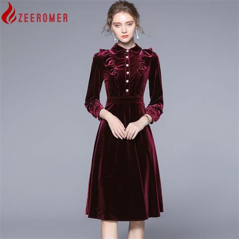 2022 Autumn Elegant Velvet Long A Line Dress Women Doll Neck Long