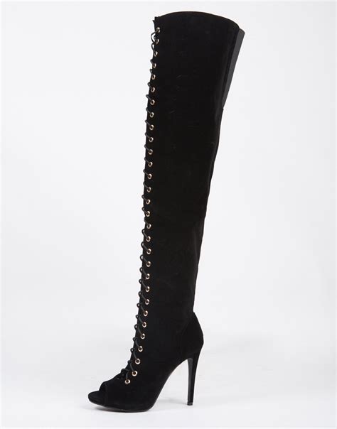 lace up thigh high boots black gladiator heels peep toe 2020ave