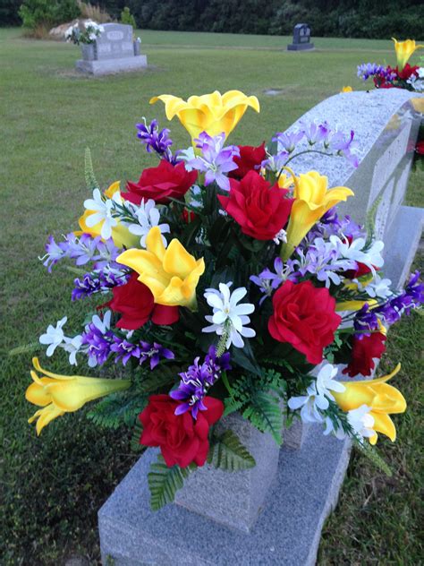 Springsummer Cemetery Vase Using Yellow Lilies Red Roses Purple And