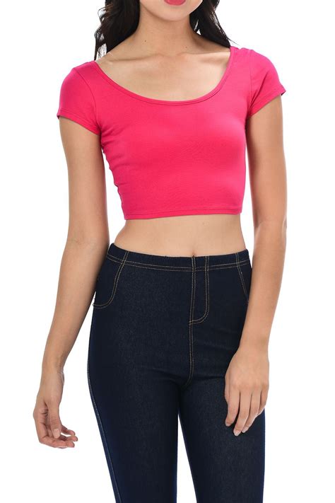 Womens Trendy Solid Color Basic Scooped Neck And Back Crop Top Hot Pink