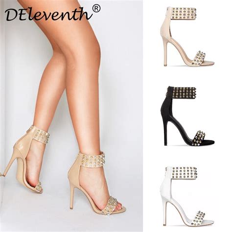 Deleventh Brand Crystal Gold Silver Rivet Punk Design Peep Toe High Heels Sandals Woman Shoes
