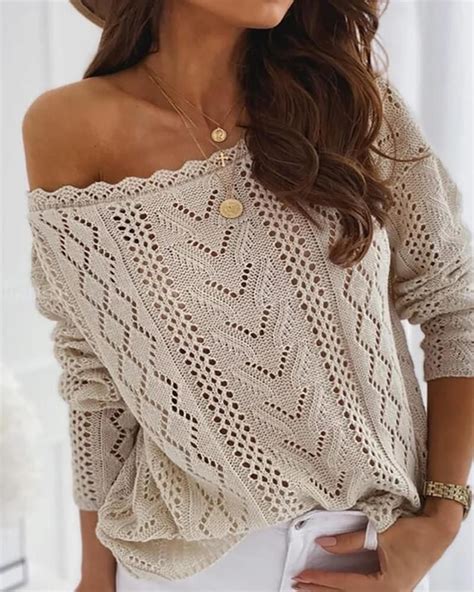 Off Shoulder Hollow Out Knit Sweater 2699 Pullover Stricken