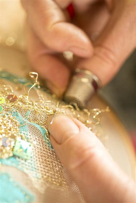 Hands Stitching Gold Threaded Embroidery Stock Photo Image Of
