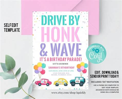 Editable Drive By Birthday Parade Invitation Drive Through Birthday