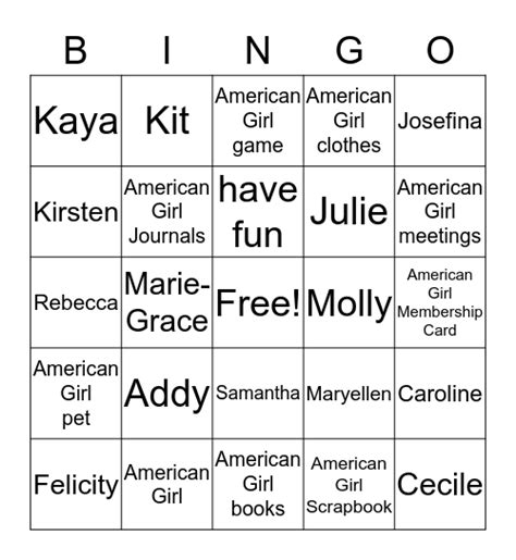 American Girl Bingo Card