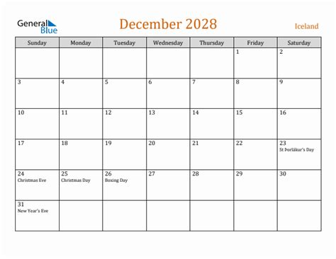 Free December 2028 Iceland Calendar