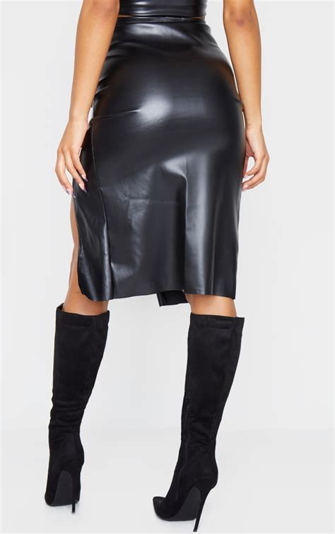 Black Faux Leather Extreme Split Midi Skirt Prettylittlething