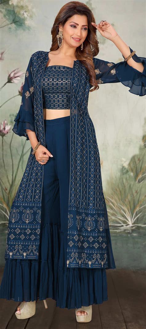 Festive Wedding Blue Color Georgette Fabric Tunic With Bottom 1627818