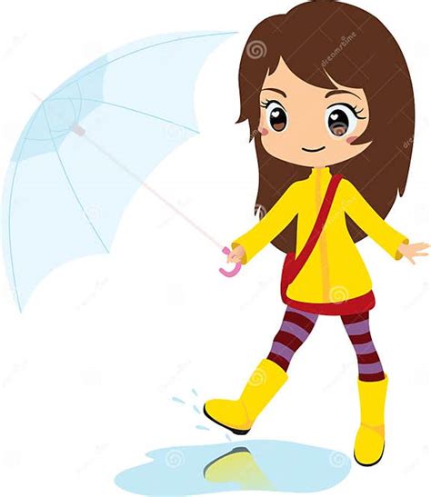 Chic Girl Jumping On A Puddle With Umbrella On A Rainy Day Brown Hair