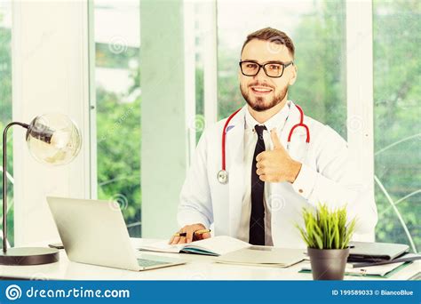 Doctor Working On Laptop Computer Hospital Stock Image Image Of