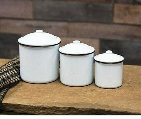 Primitive Enamelware Canisters Set 3 White With Black Trim New