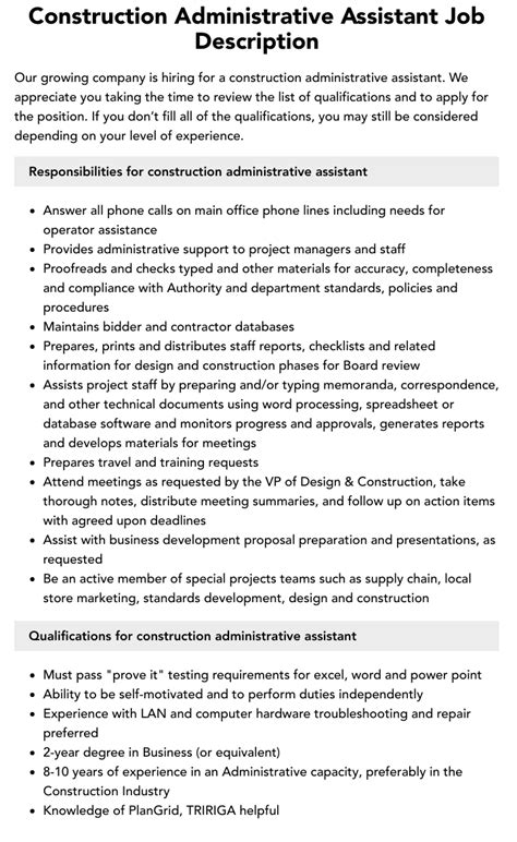 construction administrative assistant job description velvet jobs