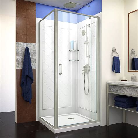 dreamline flex 32 inch d x 32 inch w shower enclosure in brushed nickel with white base an