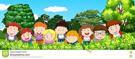 Boys And Girls In The Garden At Daytime Stock Vector Illustration Of