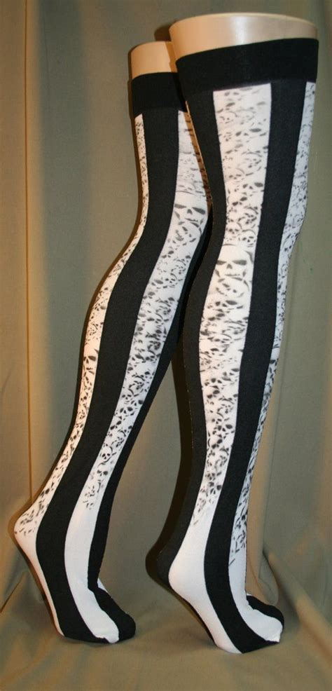 Skulls And Stripes Airbrushed Thigh High Stockings Black And White