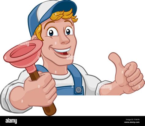 Plumber Cartoon Plumbing Drain Plunger Handyman Stock Vector Image