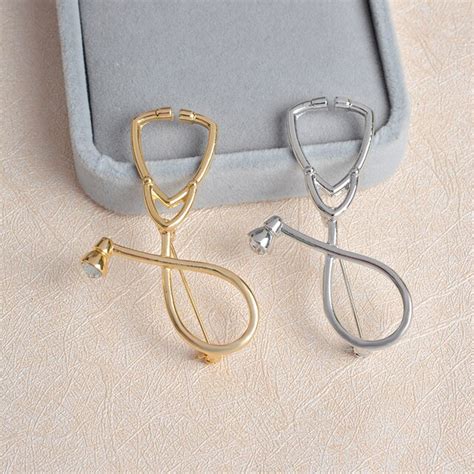 Gold Silver Medical Stethoscope Brooch Pins Crystal Collar Corsage