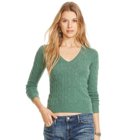 Polo Ralph Lauren Cabled Cashmere V Neck Sweater In Green Stuart Green