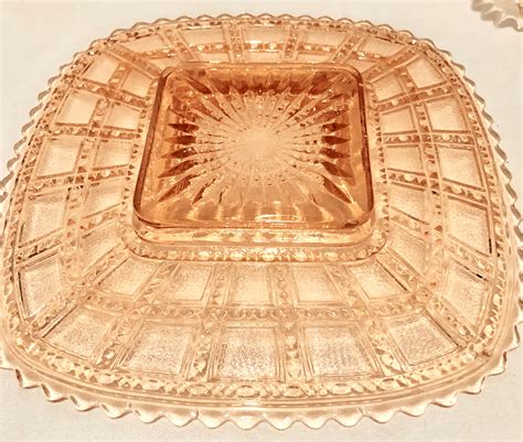 Antique Blush Pink Depression Glass Square Salad Dessert Plates Set Of Two