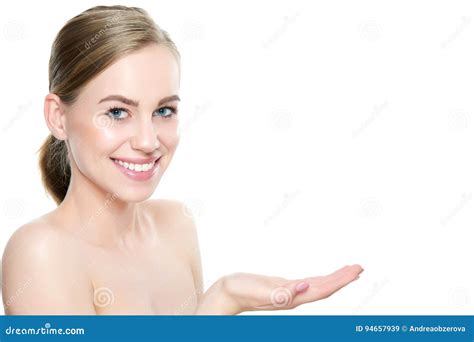 Smiling Girl Presenting Point Proposing Product Advertisement Gesture