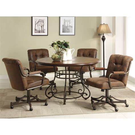 Brown Leather Kitchen Chairs With Wheels Having Tufted Backrest And