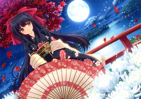 Dziewczyna Parasol Kwiaty Drzewo Wyspa Noc Księżyc Manga Anime