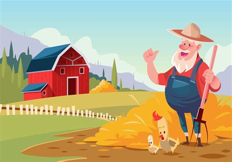 Farmer At Red Barn Illustration Thedezign