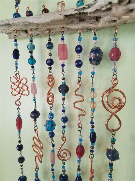 Driftwood And Glass Beaded Suncatcher Etsy Glass Bead Crafts Wire