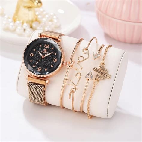 5pcset Luxury Brand Women Watches Starry Sky Magnet Watch Buckle Fash