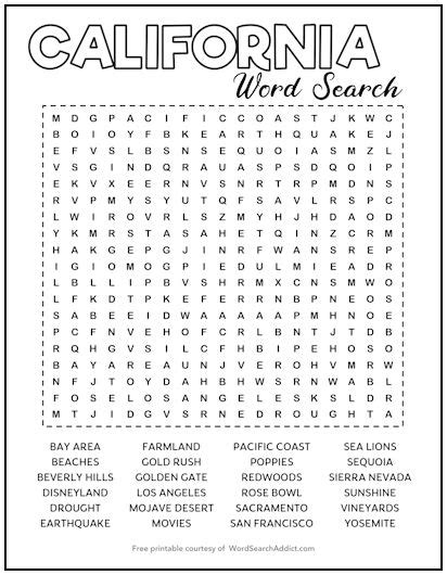 California Printable Word Search Puzzle Word Search Addict