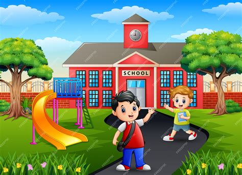 Dibujos Animados Niños Felices Yendo A La Escuela Vector Premium