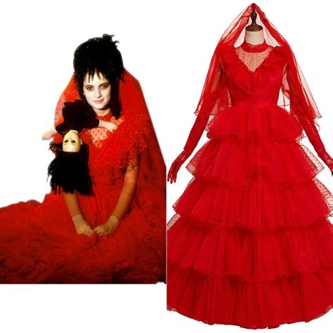 Movie Beetlejuice Lydia Deetz Adam Cosplay Costume Red Wedding Dress