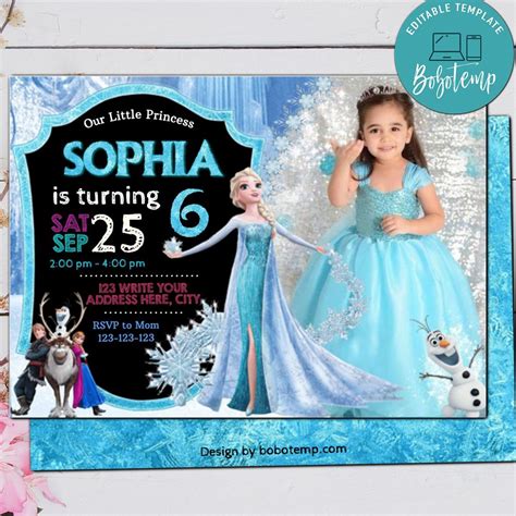 Editable Frozen Elsa With Photo Snowflake Ice Birthday Invite Bobotemp