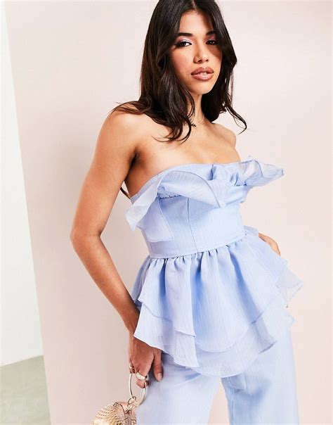 Asos Luxe Co Ord Bandeau Corsetted Tiered Ruffle Top In Blue Asos In