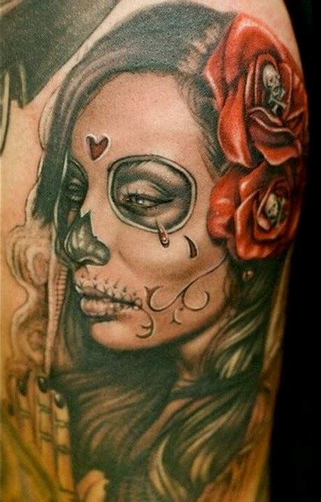 Day Of The Dead Sugar Skull Tattoo Of Womans Face Awesome Tattoo