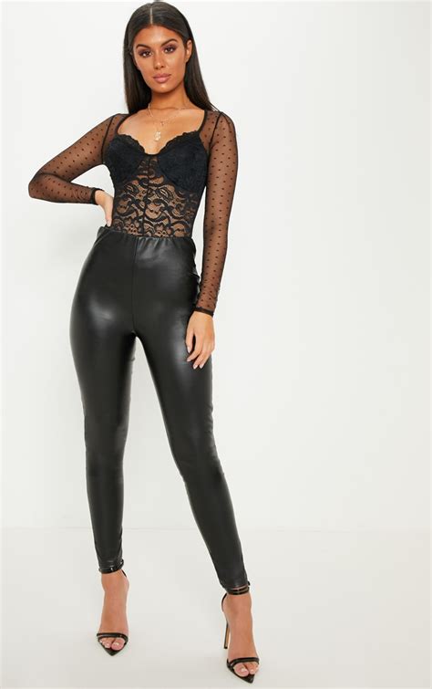 Black Long Sleeve Lace Mesh Bodysuit Tops Prettylittlething Ca