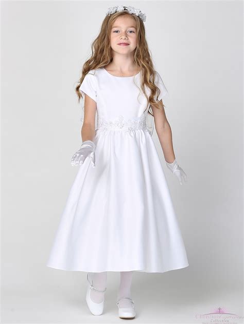Satin First Communion Dress With Silver Corded Trim On Waist First