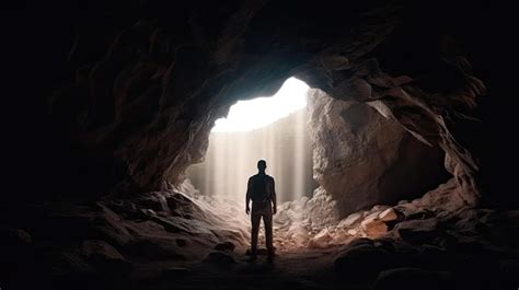 Premium Ai Image A Man Stands In A Dark Cave With The Light Shining
