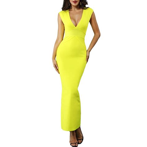 Seamyla Spring New Fashion Bandage Long Dress Sleeveless Yellow Bodycon Maxi Dress Sexy V Neck