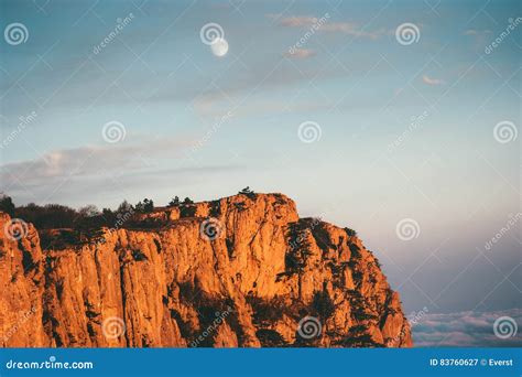 Rocky Mountains Cliff And Moon Sunset Landscape Stock Image Image Of