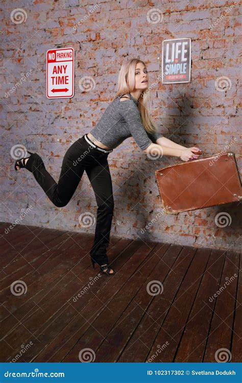 Beautiful Young Woman Posing Near Brick Wall Stock Photo Image Of