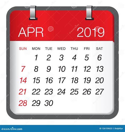 April 2019 Monthly Calendar Vector Illustration Stock Vector