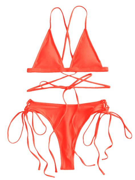 Lace Up Ribbed High Leg Bikini Set Orange L Bikini Set Bikinis