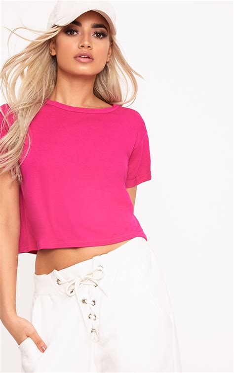 Basic T Shirt Court à Manches Retournées Rose Fuchsia Tops