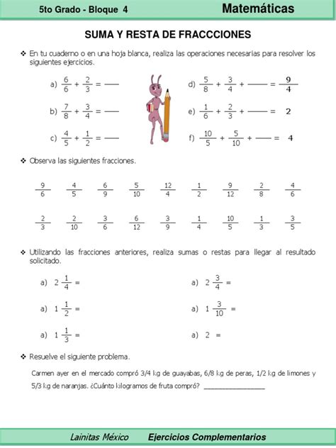 5to Grado Matemáticas Suma Y Resta De Fracciones