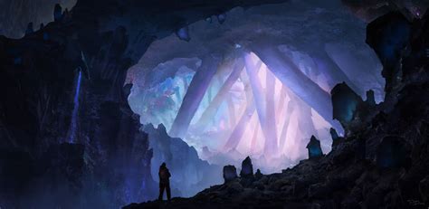 A Group Of People Standing In Front Of A Cave Filled With Blue And