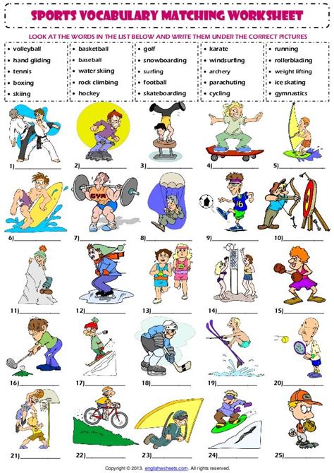 Sports Vocabulary Matching Exercise Worksheet 1 Vocabulary English