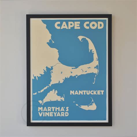 Cape Cod Marthas Vineyard Nantucket Map Art Print 18 X 24 Framed