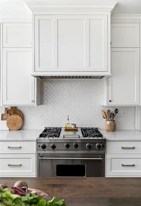 White Herringbone Backsplash Tiles Transitional Kitchen